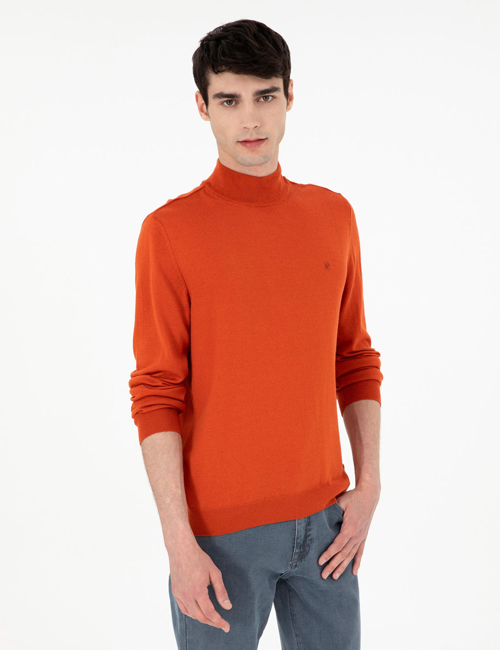Turuncu Slim Fit Yar_m Bal_k__ Yaka Basic Triko Kazak