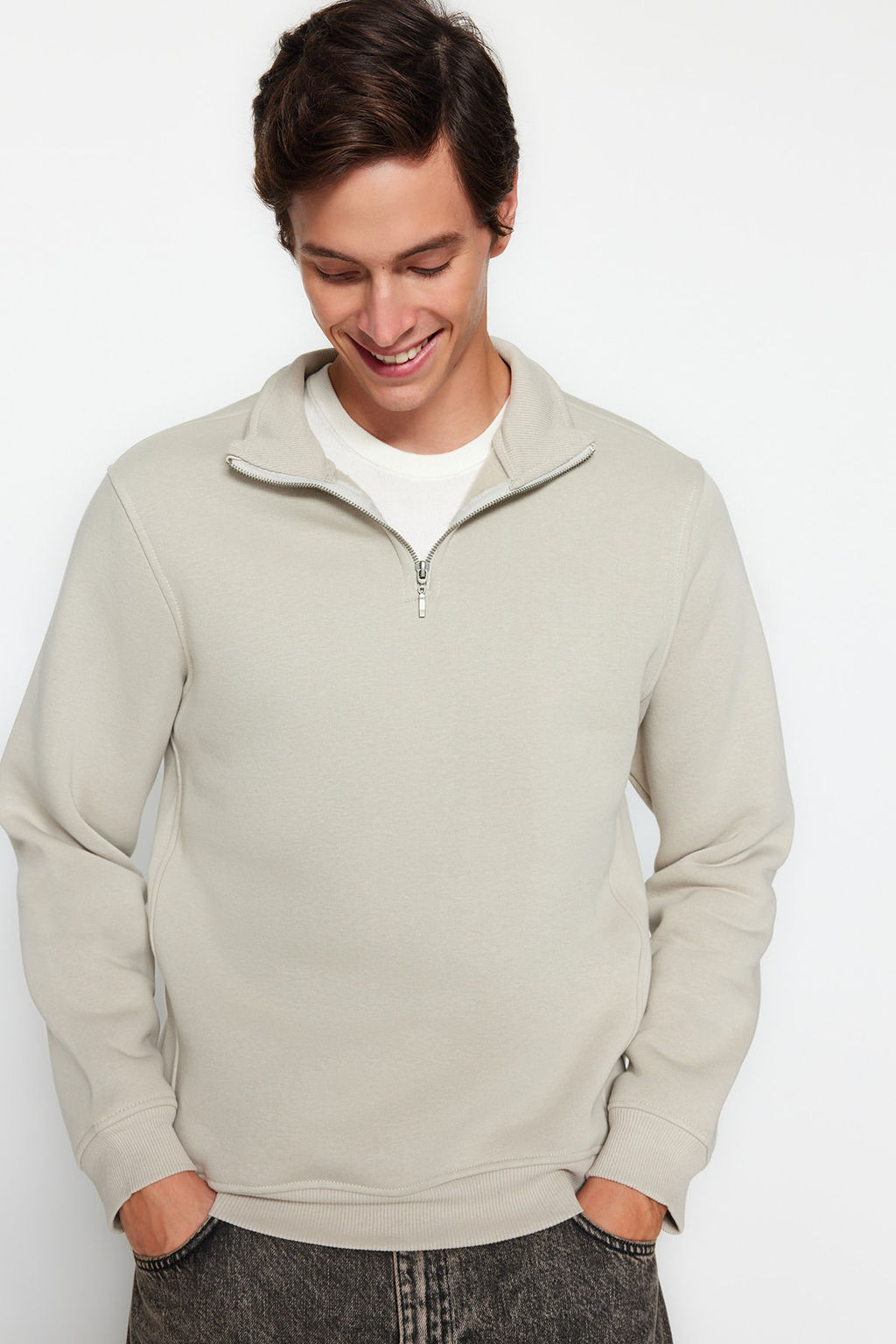 Tas Regular/Normal Kesim Dik Yaka Fermuarl? Pamuklu Basic Ici Polarl? Sweatshirt TMNAW24SW00041