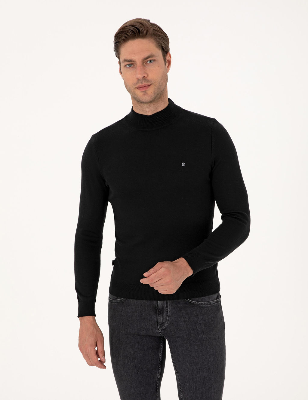 Siyah Slim Fit Yar_m Bal_k__ Yaka Basic Triko Kazak