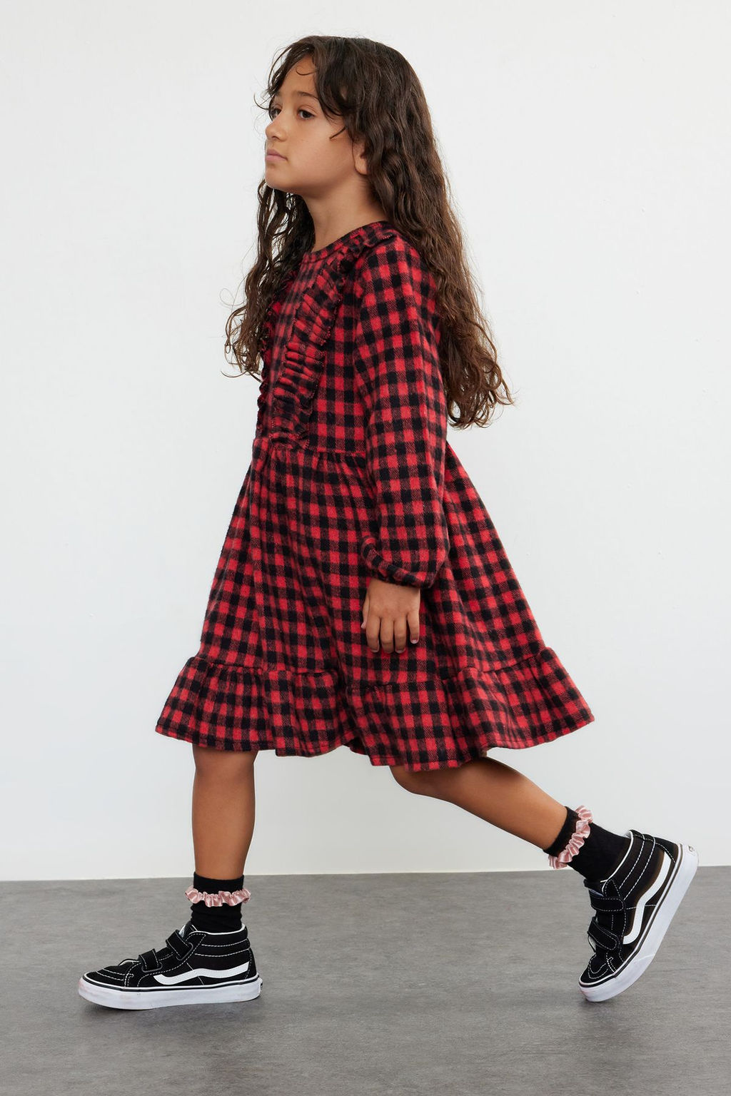 K?rm?z? K?z Cocuk Ekose / Kareli Regular Dokuma Elbise TKDAW25EL00004