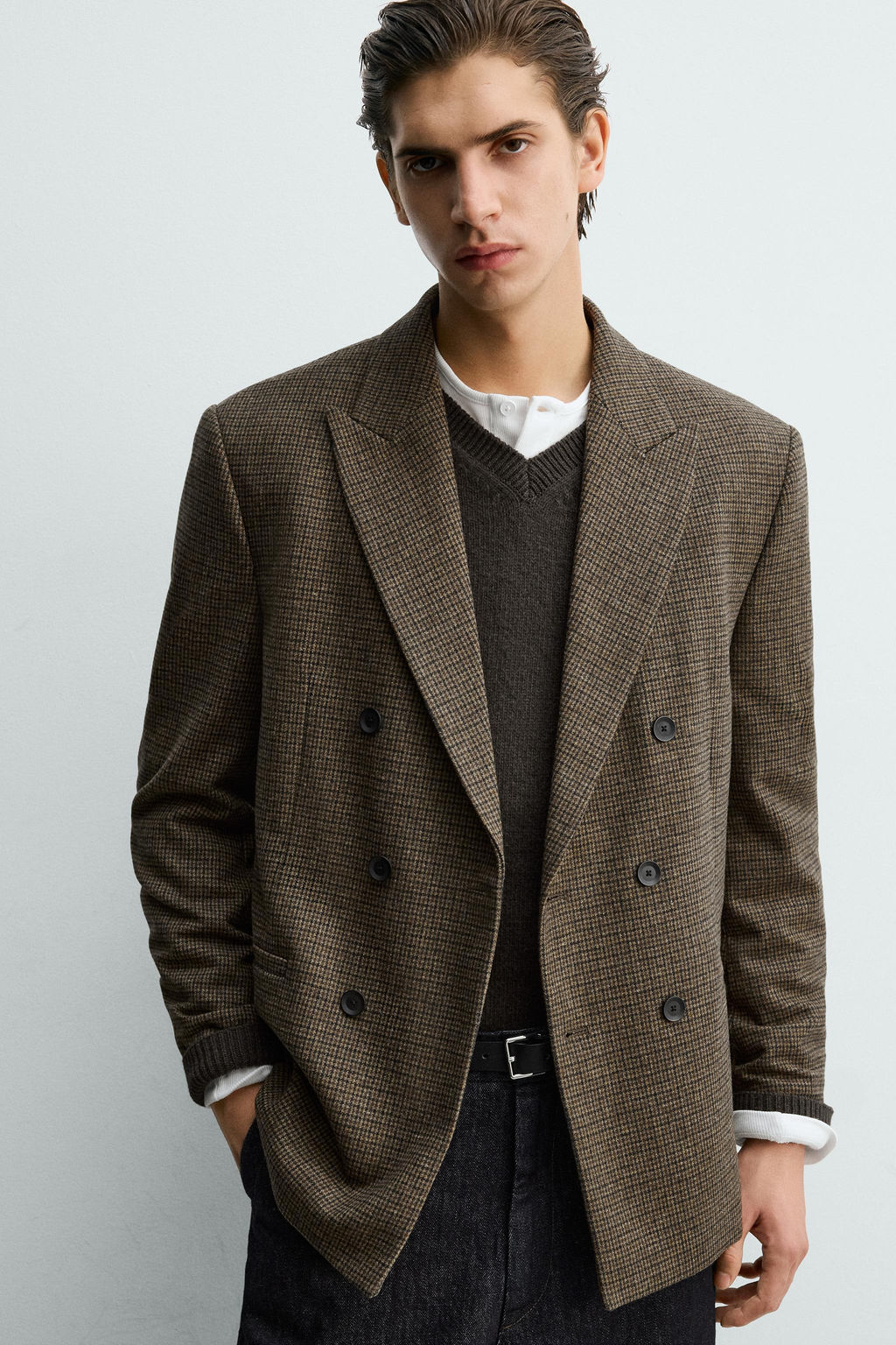 WOOL BLEND CHECK DOUBLE-BREASTED BLAZER - Zara фото 6