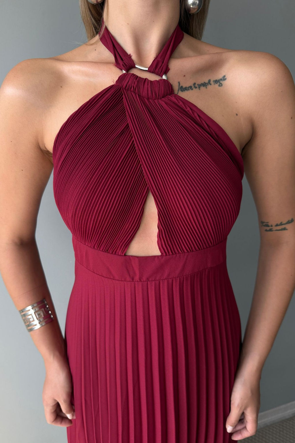 Bordo Piliseli Cut Out Aksesuar Detayl? Sifon Midi Astarl? Elbise TPRSS25EL00327