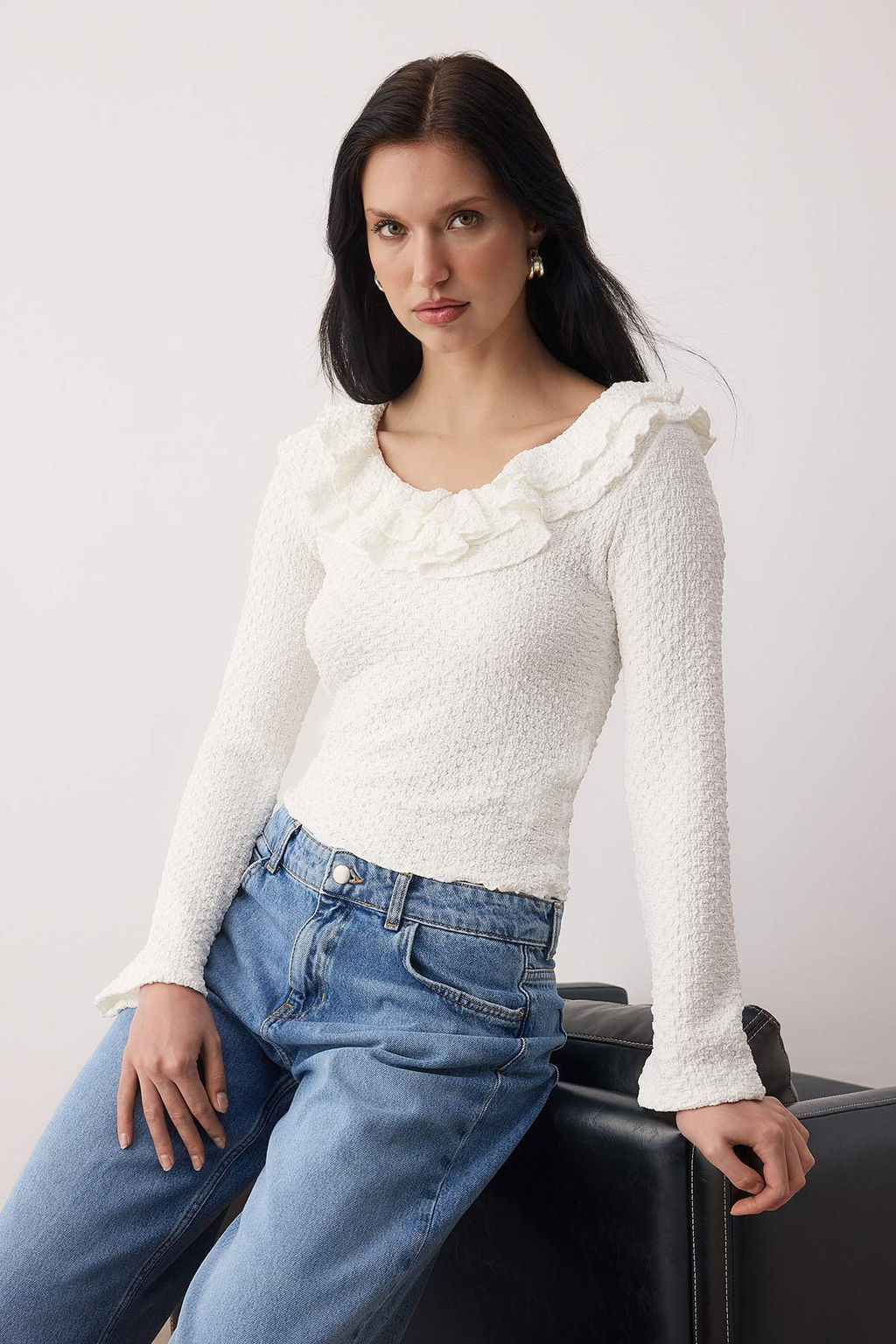 Kahverengi Dokulu Fitted/Vucuda Oturan F?f?r Detayl? Esnek Orme Bluz TWOAW26BZ00202 - Trendyolmilla фото 8