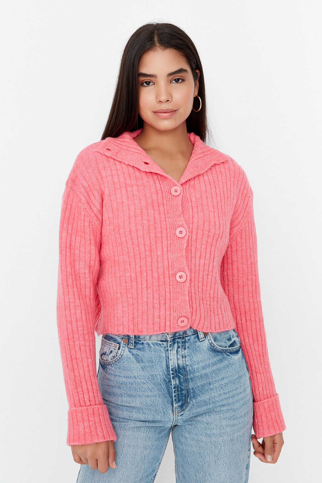 Pembe Crop Yumusak Dokulu Dik Yaka Triko H?rka TWOAW22HI0174