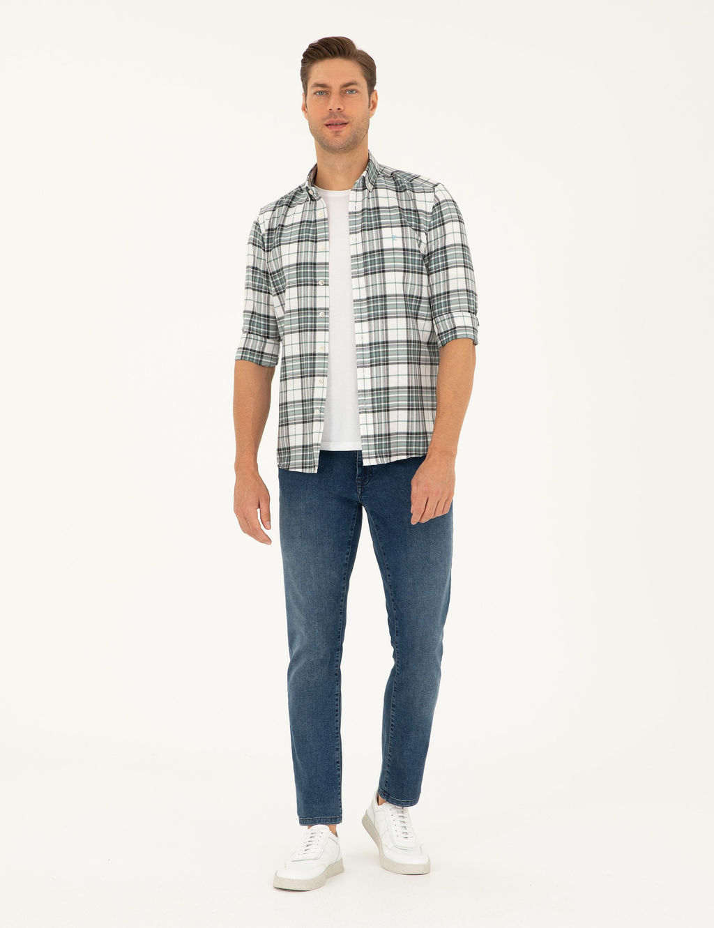 Su Ye_ili Ekose Slim Fit Uzun Kollu G_mlek