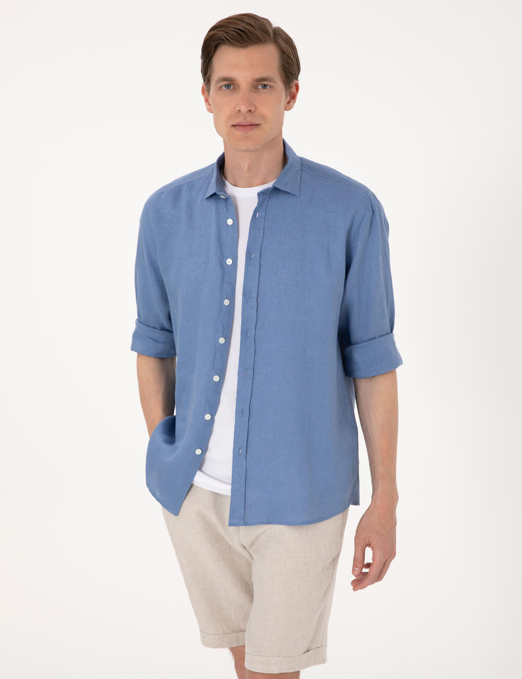 Mavi %100 Keten Regular Fit Uzunkollu G_mlek