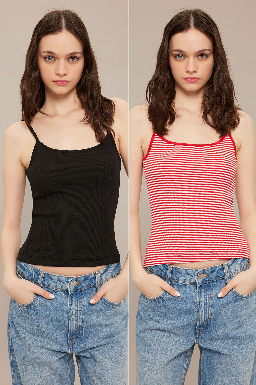 TRENDYOLMILLA Siyah Cizgili-Duz Antrasit 2li Paket Ask?l? Fitted Esnek Fitilli Orme Atlet TWOSS25AL00027 фото 12