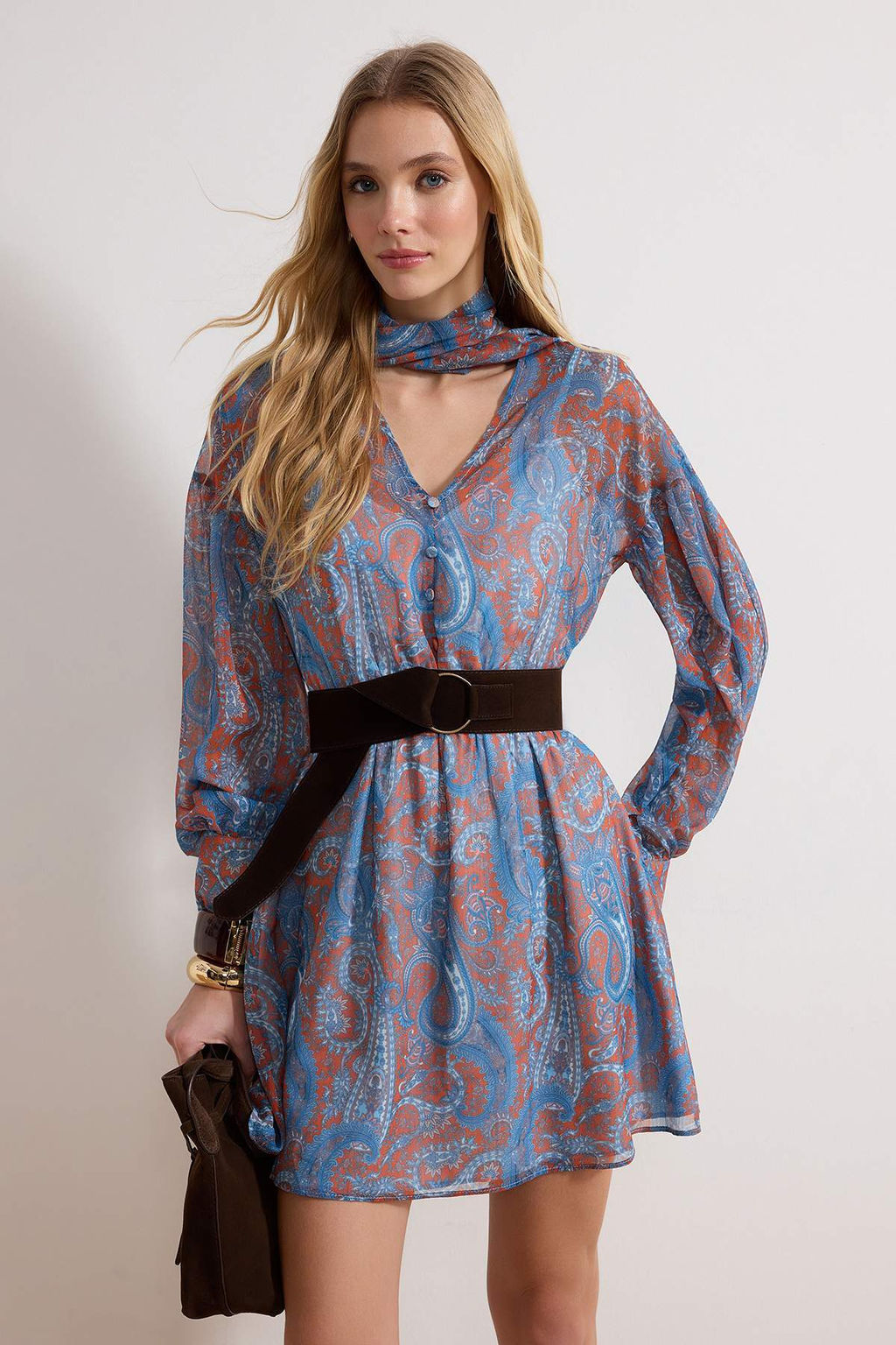 Cok Renkli Fular Detayl? Suet Kemerli Mini Dokuma Elbise TWOAW26EL00377