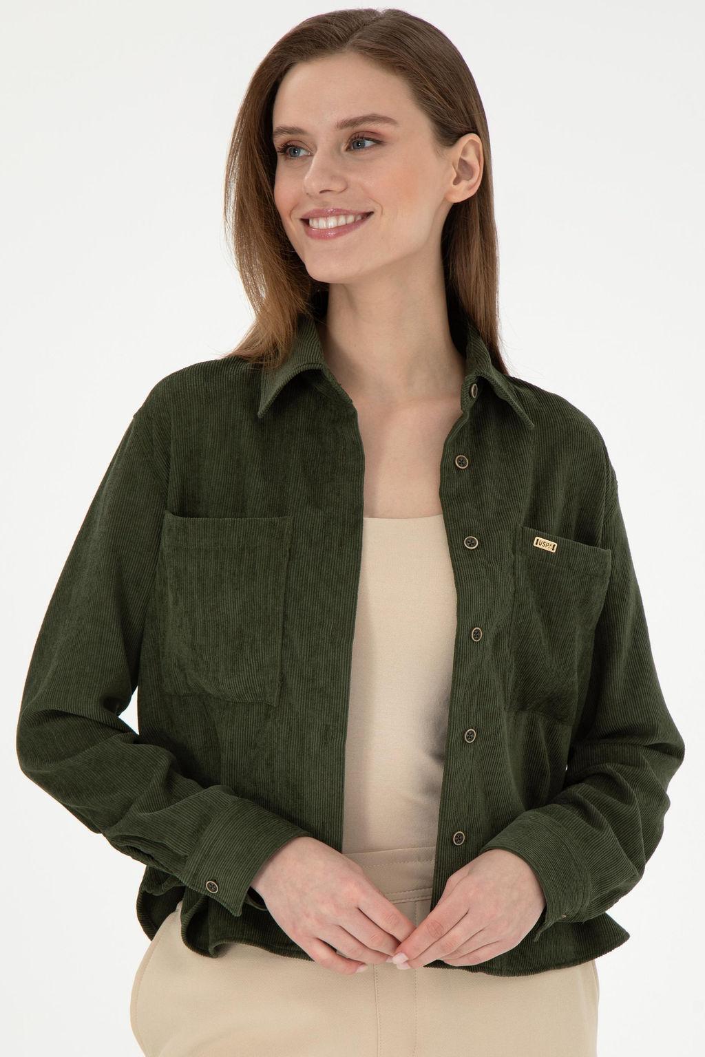 Женская бархатная рубашка цвета хаки с длинным рукавом Неожиданная скидка в корзине - U.s. polo assn фото 3