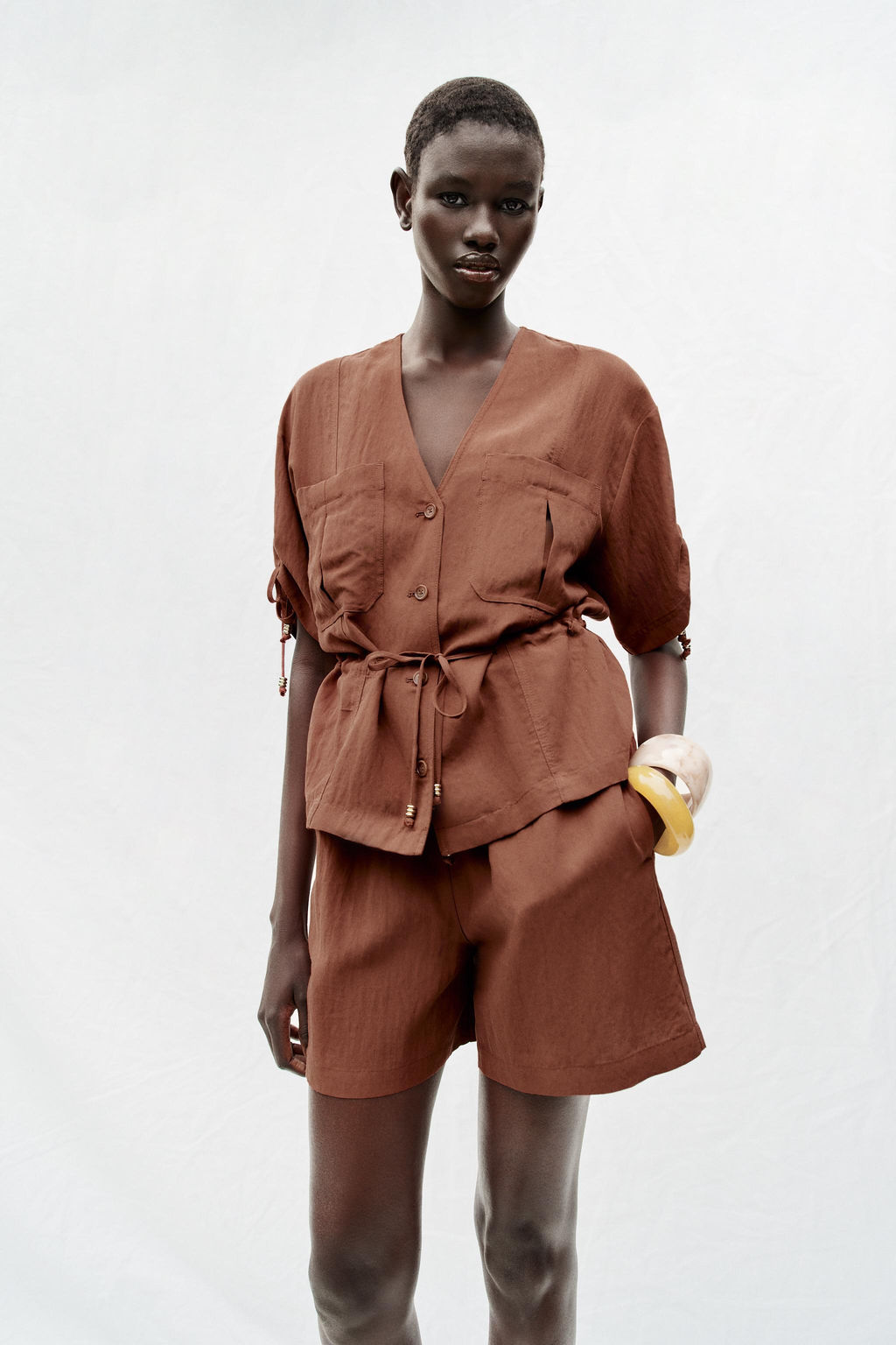CHAQUETA SAFARI MANGA CORTA ABALORIOS / teja oscuro - Zara фото 4