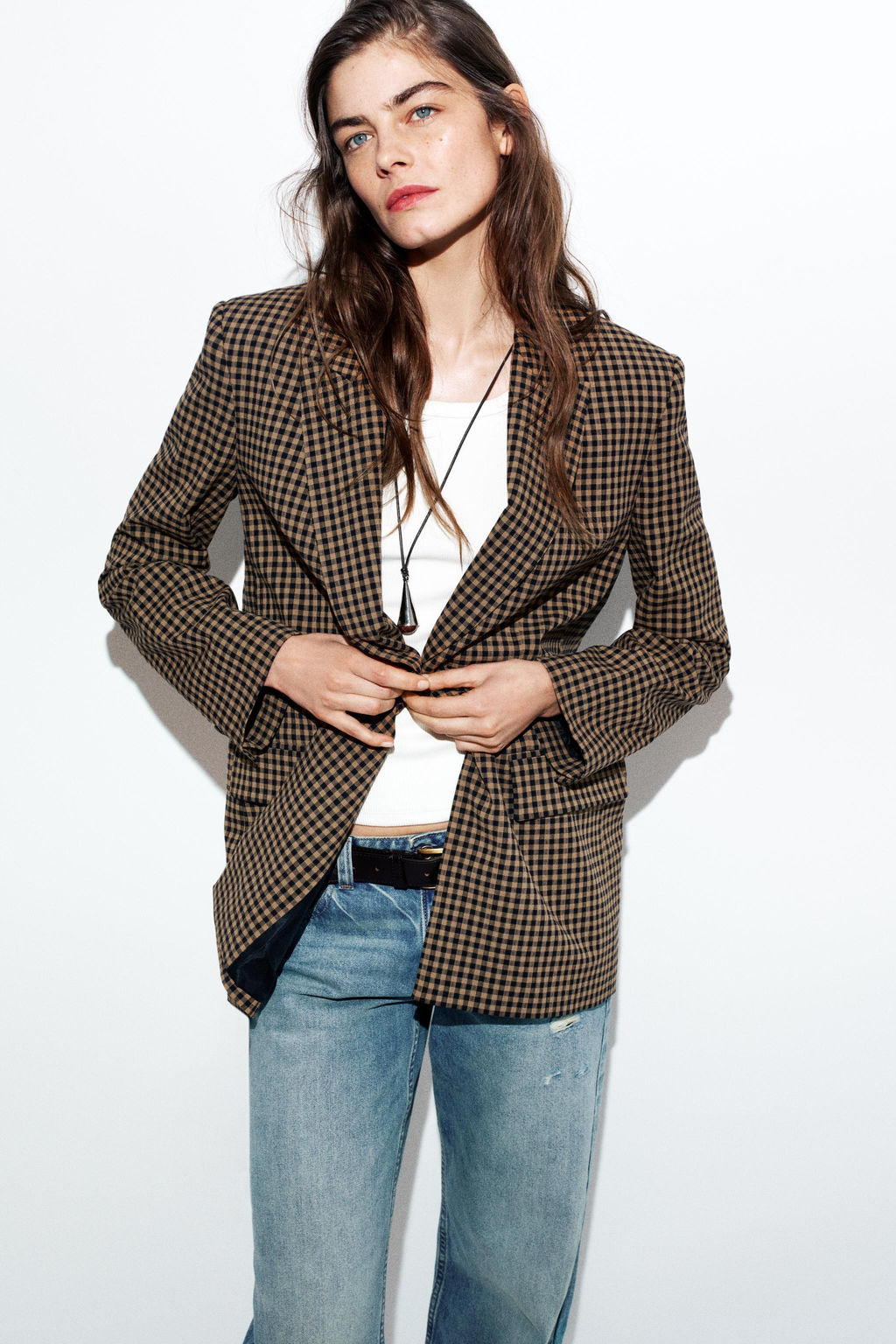 BLAZER OVERSIZE CUADRO VICHY / Beige-marro - Zara фото 5