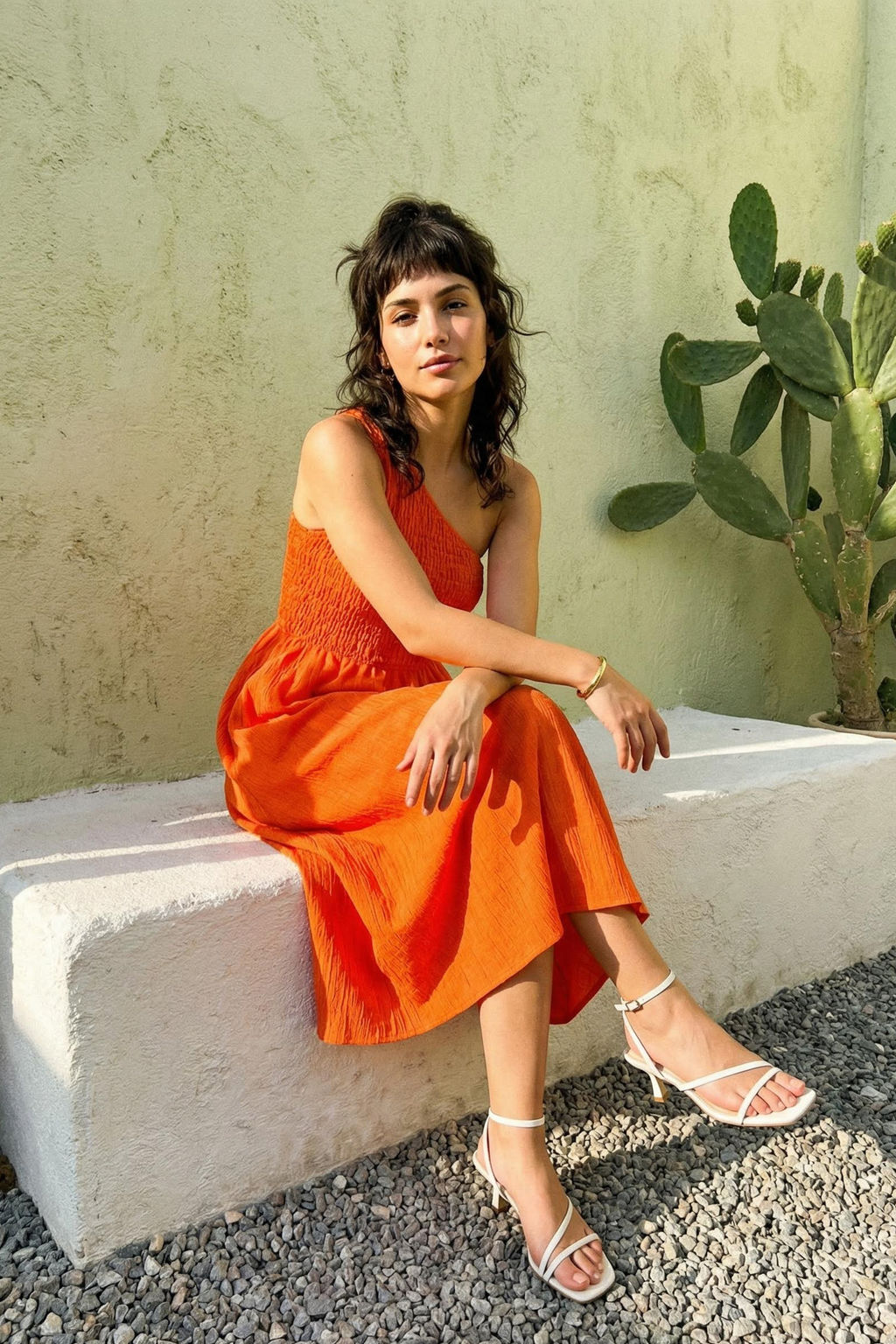 Turuncu Belden Ac?lan Gipeli Tek Kol Midi Dokuma Elbise TWOSS23EL01830