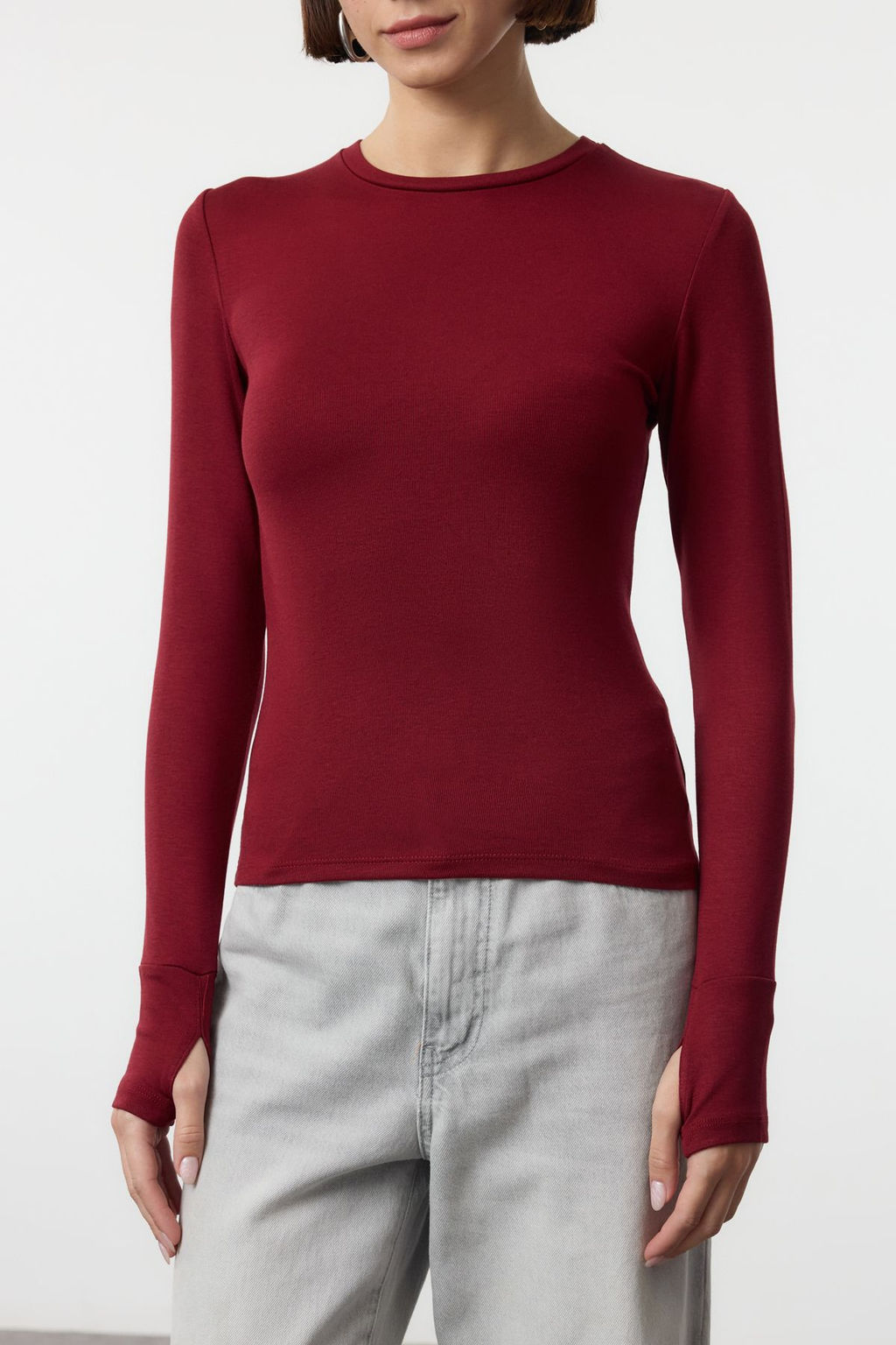 Bordo Viskon/Yumusak Kumasl? Parmak Gecme Detayl? Esnek Orme Bluz TWOAW25BZ00014