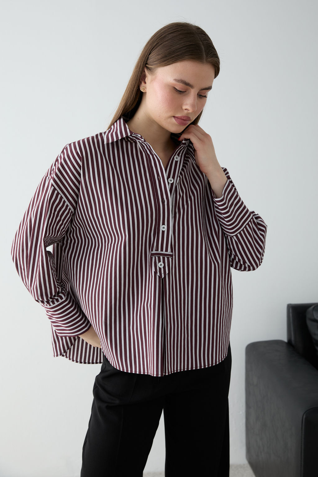 Koyu Kahverengi-Ekru Cizgili Yar?m Dugmeli Oversize Dokuma Bluz TWOSS26BZ00565 - Trendyolmilla фото 10