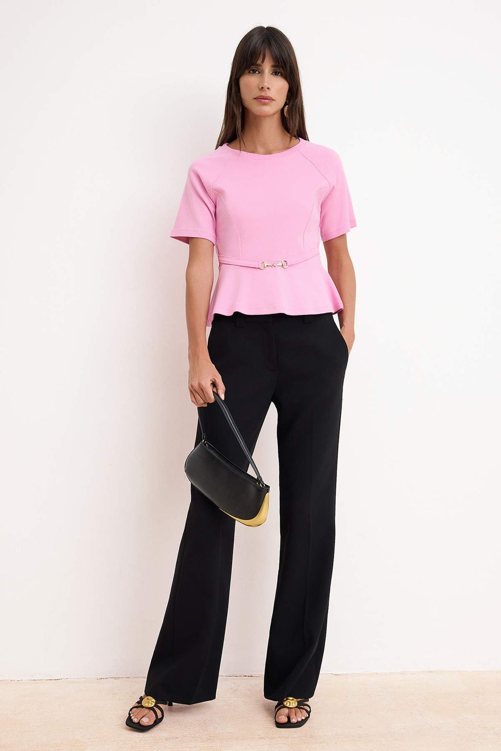 Pembe Peplum Reglan Kol K?sa Kollu Aksesuar Detayl? Interlok Orme Bluz TWOSS26BZ00242