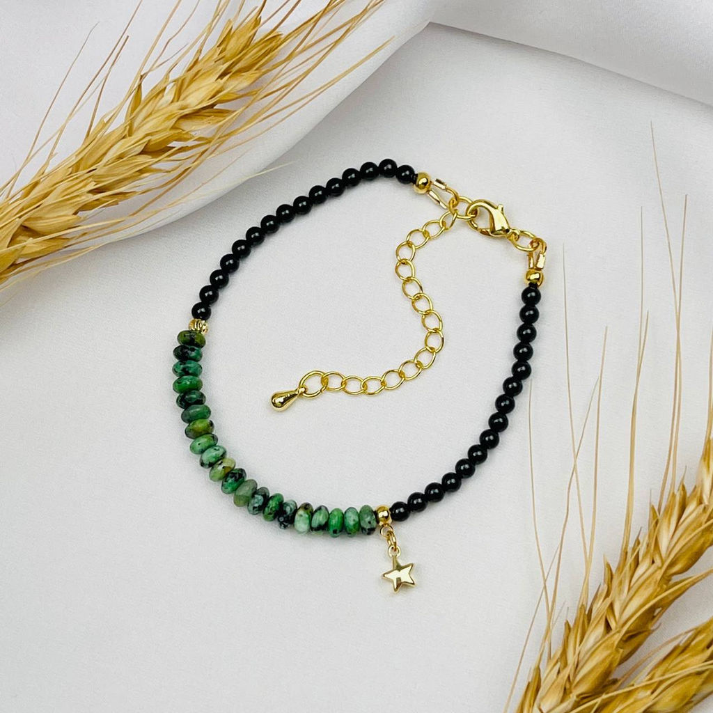 Браслет из черного Агата и Хризоколлы с подвеской "Звезда" 18 см +