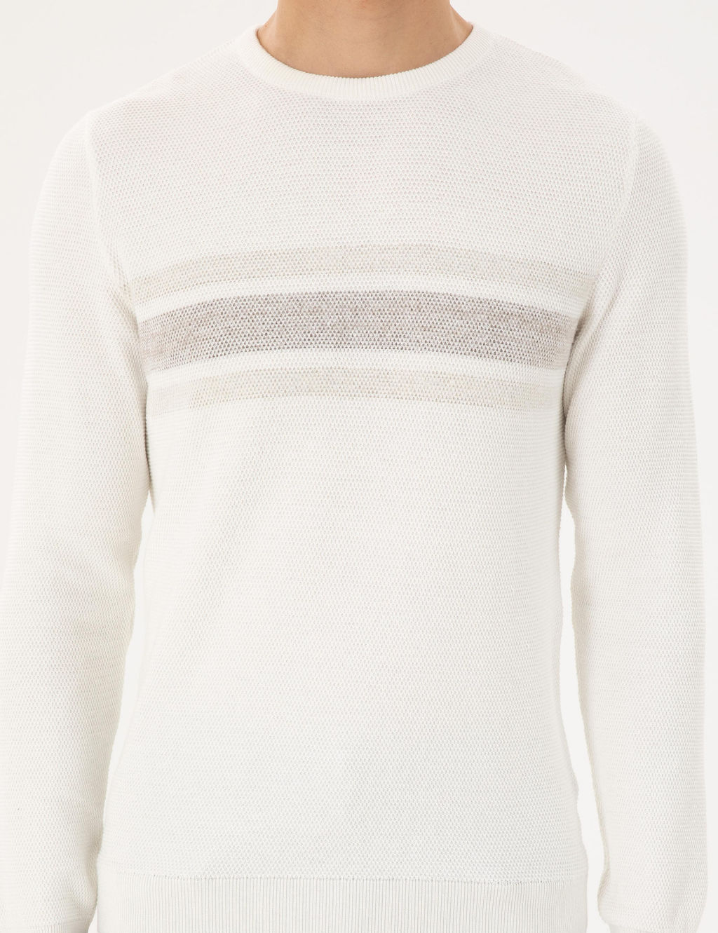 Ekru Slim Fit Bisiklet Yaka Triko Kazak