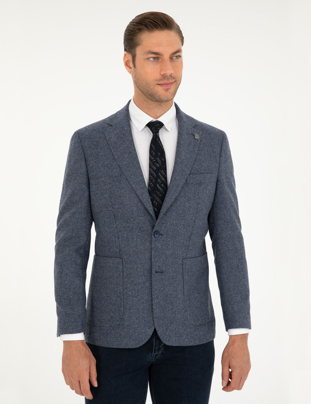Lacivert Y_n Kar___ml_ Slim Fit Ceket