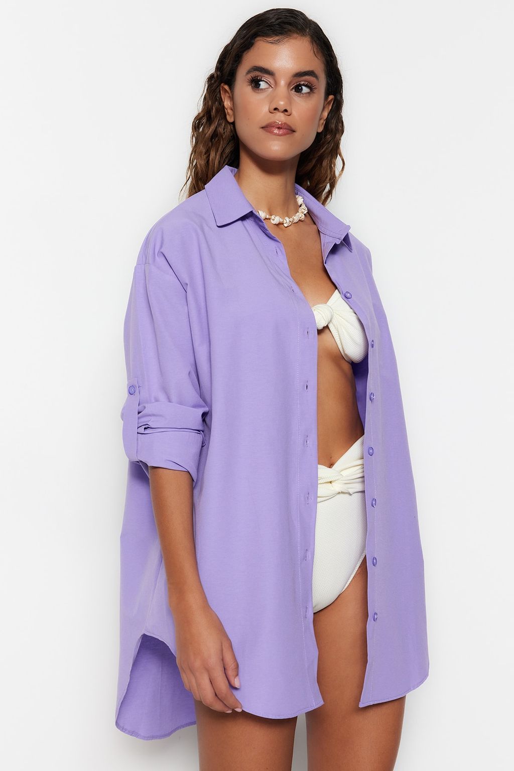 Plaj Giyim Lila Dokuma Maxi Gomlek TBESS22GO0664