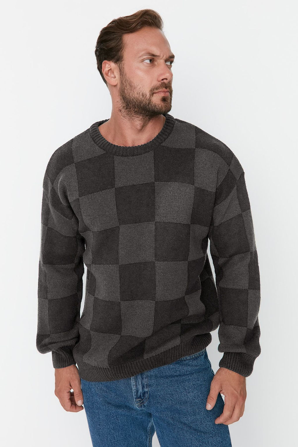 TRENDYOL MAN Lacivert Erkek Oversize Bisiklet Yaka Ekose / Kareli Triko Kazak TMNAW23KZ00279