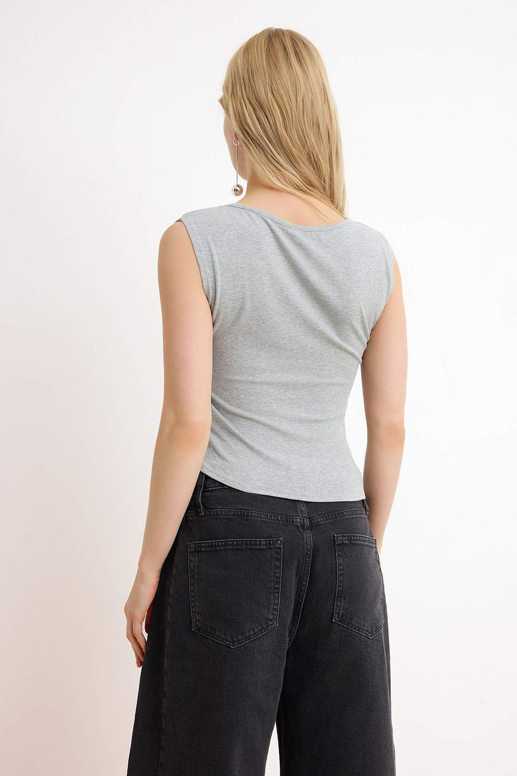 Gri Melanj Fitted/Vucuda Oturan Kay?k Yaka Dugmeli Crop Yumusak Orme Bluz TWOSS26BZ00153 - Trendyolmilla фото 4