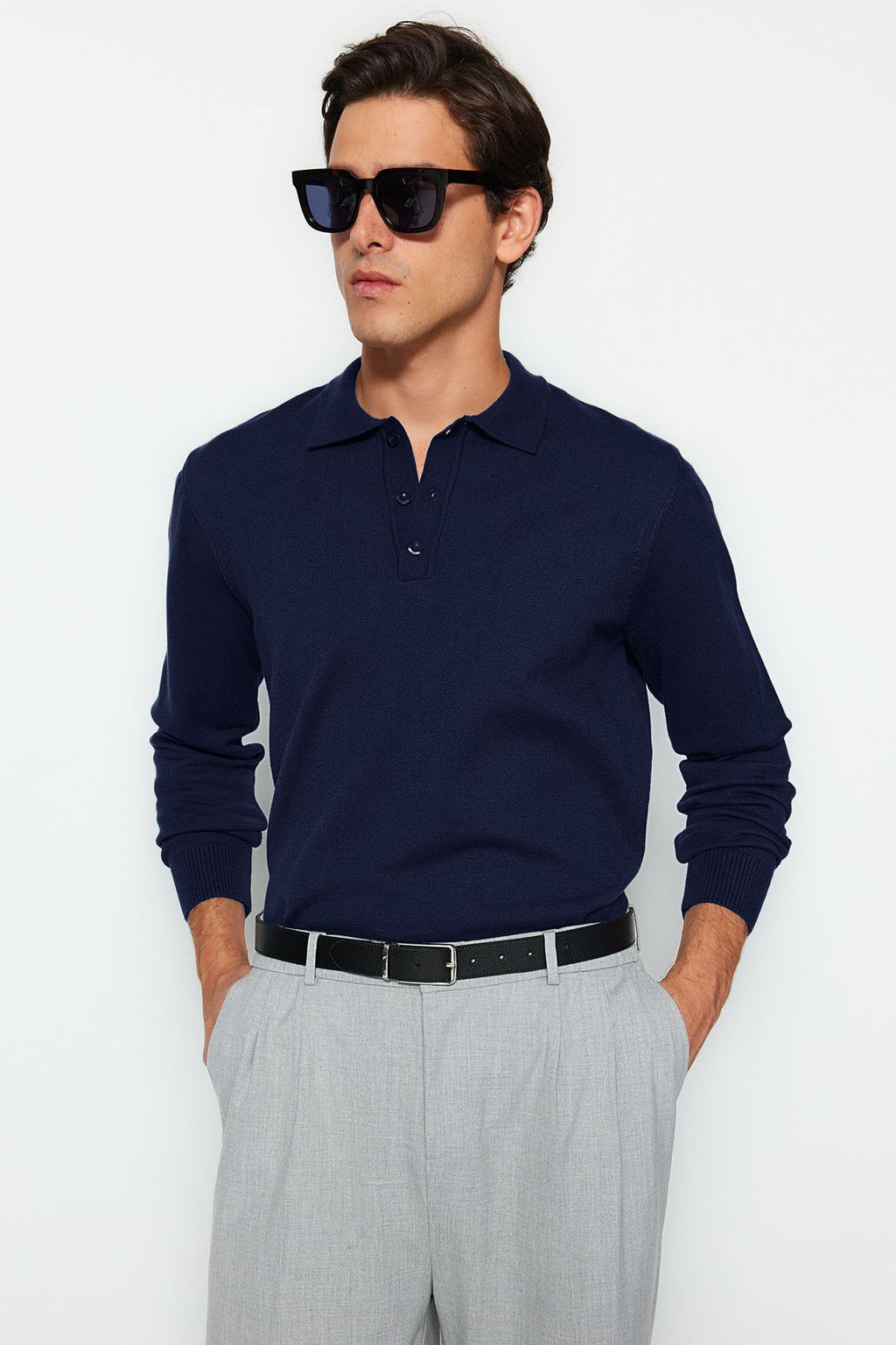 Lacivert Erkek Regular Polo Yaka Duz Triko Kazak TMNAW24KZ00067