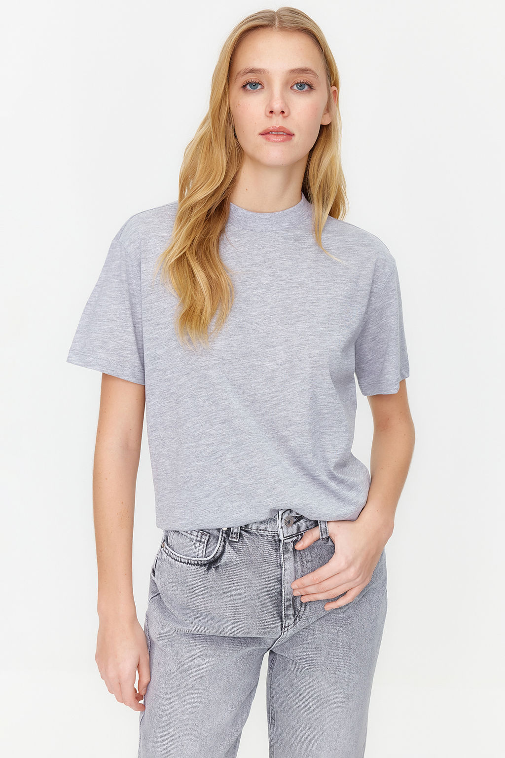 Siyah-Gri Melanj 2li Paket Basic Dik Yaka Orme T-Shirt TWOSS20TS1500