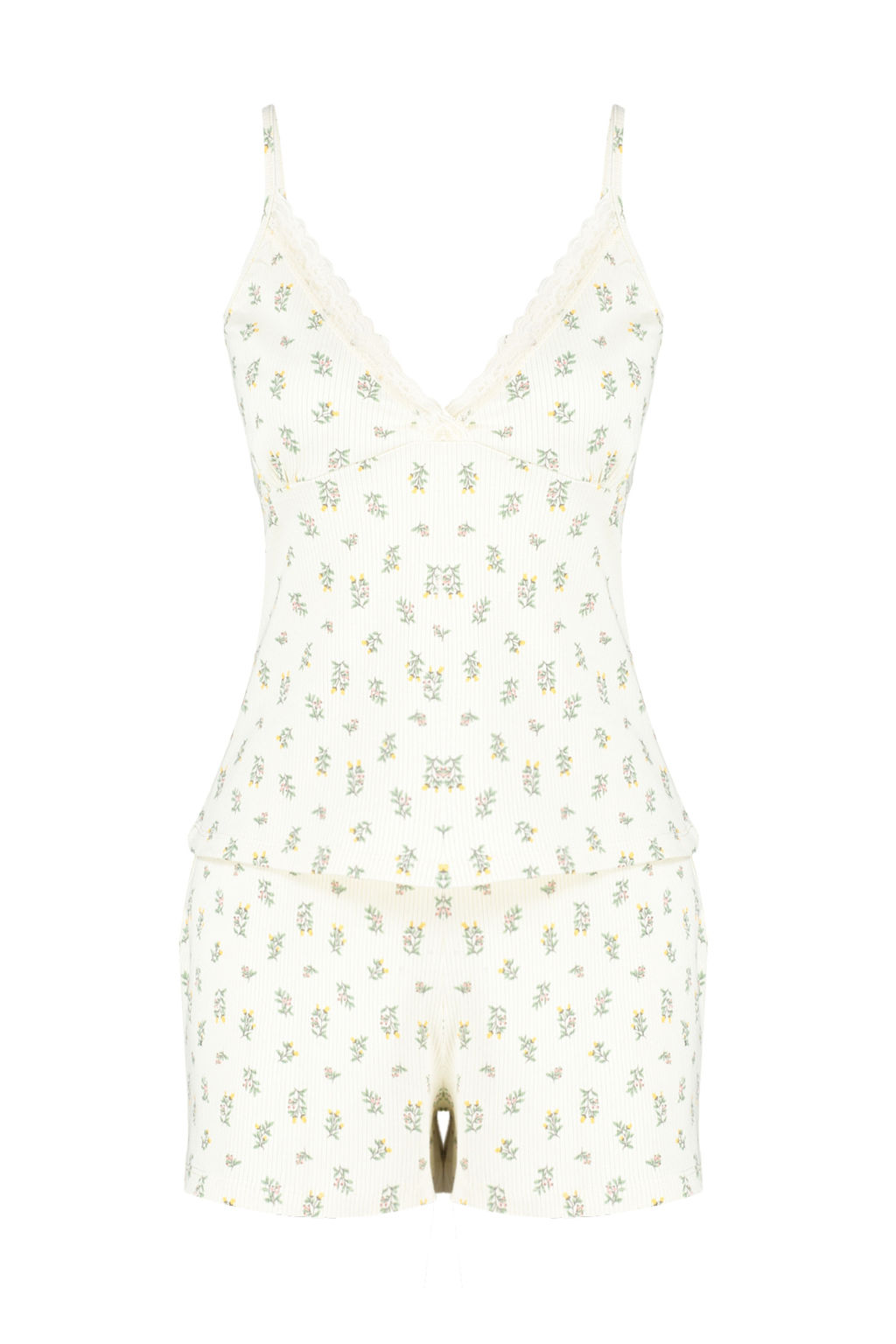 Trendyolmilla Ekru %100 Pamuklu Cicekli Dantelli Ip Ask?l? Fitilli Sortlu Orme Pijama Tak?m? THMSS24PT00062  фото 12