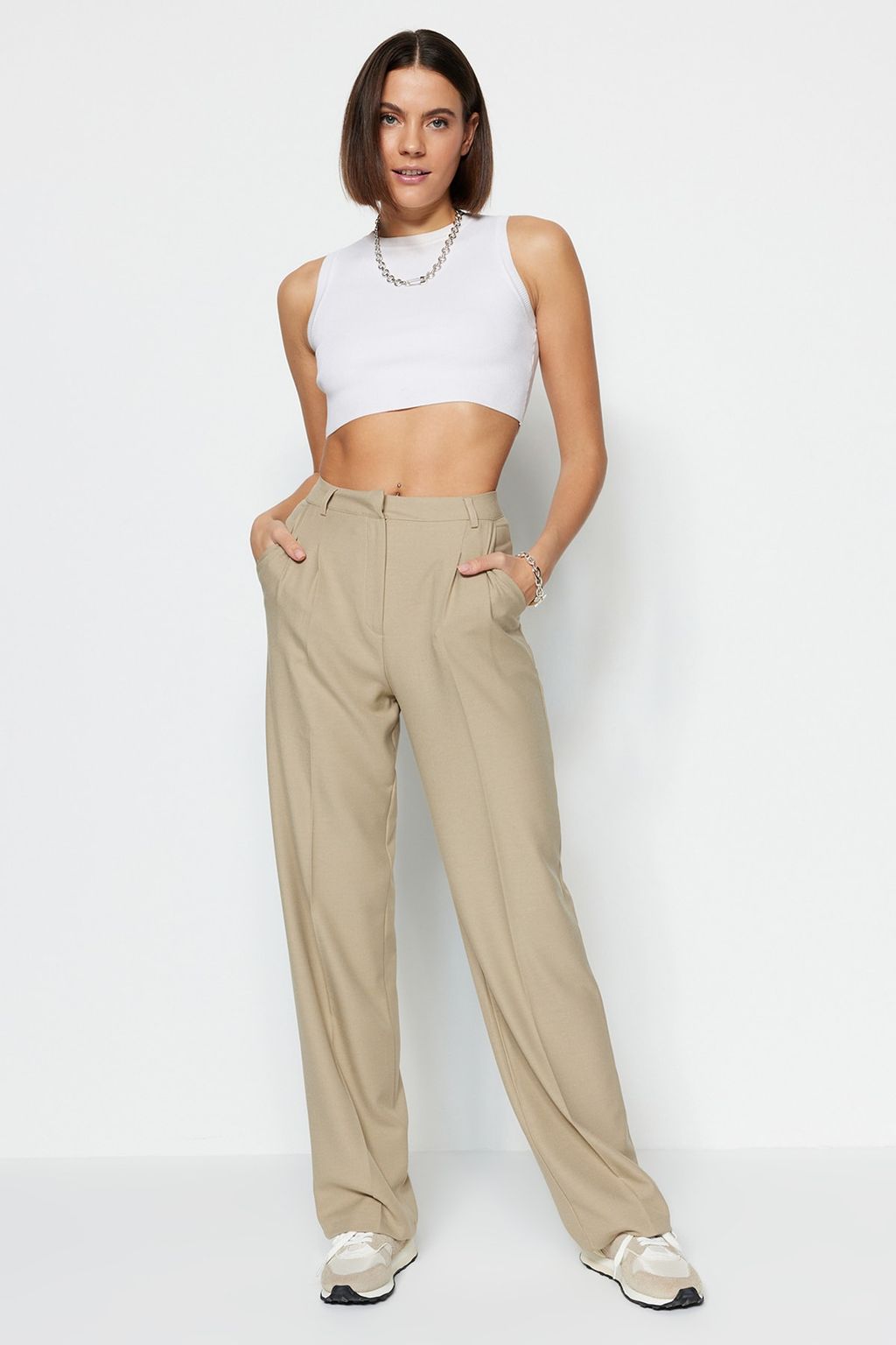 Limited Edition Vizon Straight/Duz Kesim Pilili Dokuma Kumas Pantolon TWOAW23PL00401