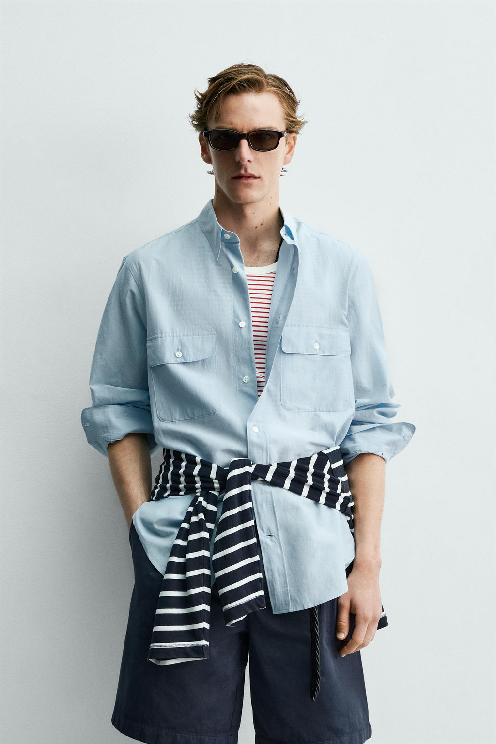 CAMISA FLUIDA REGULAR FIT BOLSILLOS AARON LEVINE X ZARA / Celeste claro  фото 2