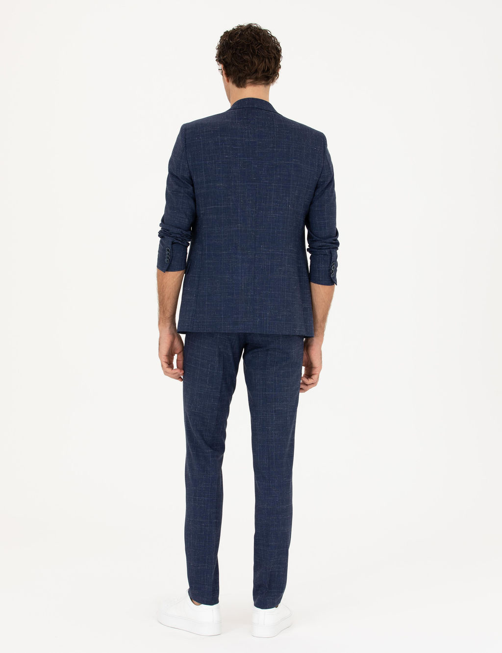 Lacivert Slim Fit Y_n Keten Kar___ml_ Tak_m Elbise