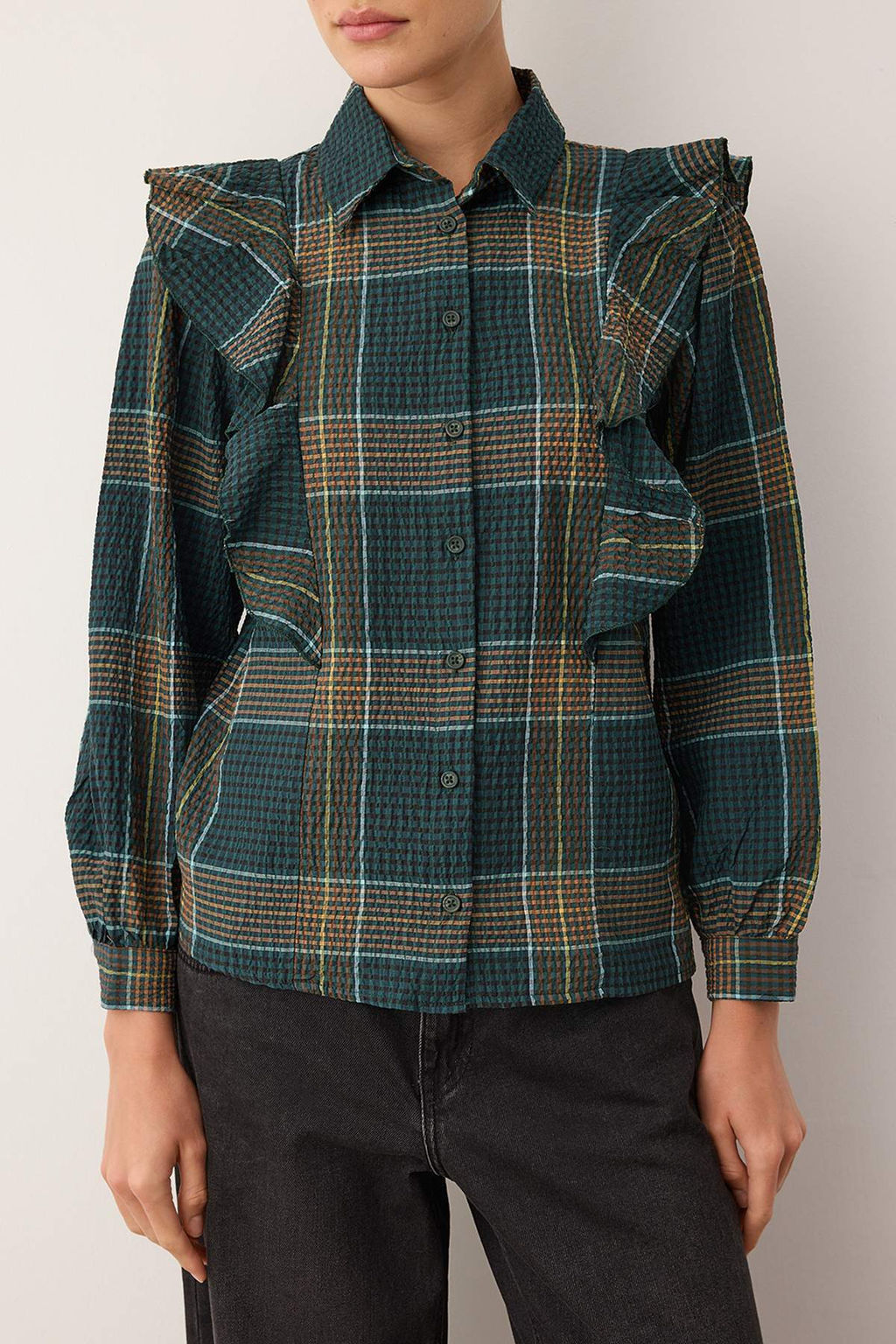 Yesil-Cok Renkli Boho Ekose Dokulu F?rf?r Detayl? Gomlek TWOAW26GO00060