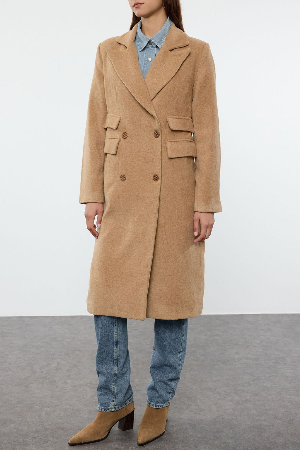 Camel Cep Detayl? Regular Yunlu Uzun Kaban TWOAW25KB00043