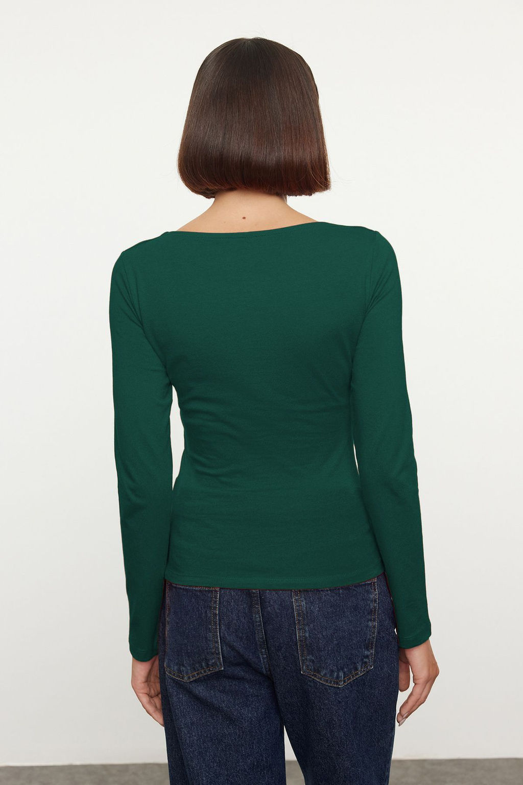 Zumrut Yesili Pamuklu Kay?k Yaka Fitted/Vucuda Oturan Esnek Bluz TWOAW24BZ00166