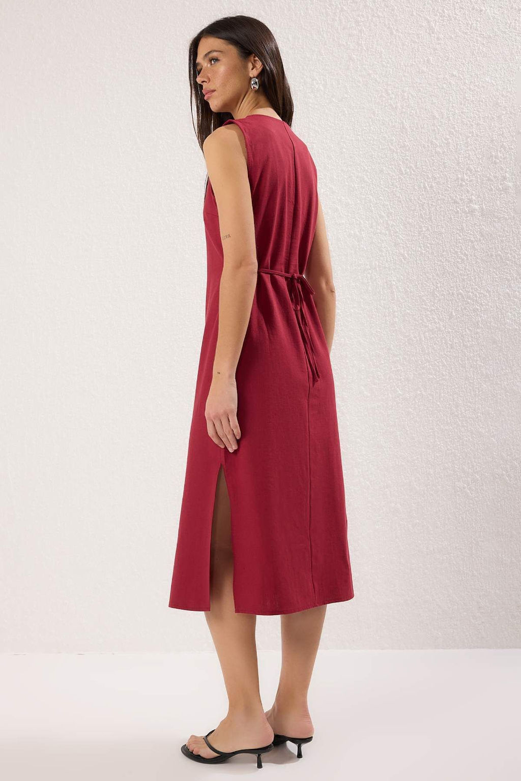 Trendyolmilla Lacivert Kusakl? Keten Kar?s?ml? Midi Dokuma Gomlek Elbise TWOSS25EL00651  фото 4