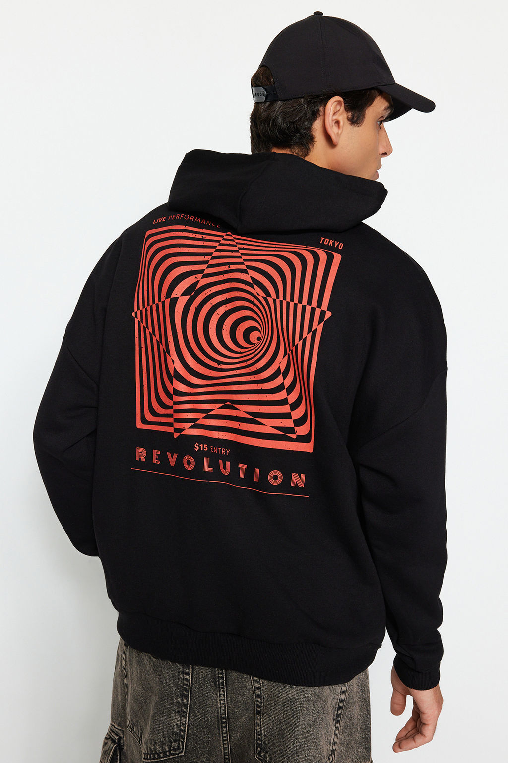 TRENDYOL MAN Siyah Oversize/Genis Kesim Kapusonlu Labirent Bask? Polar Pamuk Sweatshirt TMNAW24SW00201 - Trendyolmilla фото 9