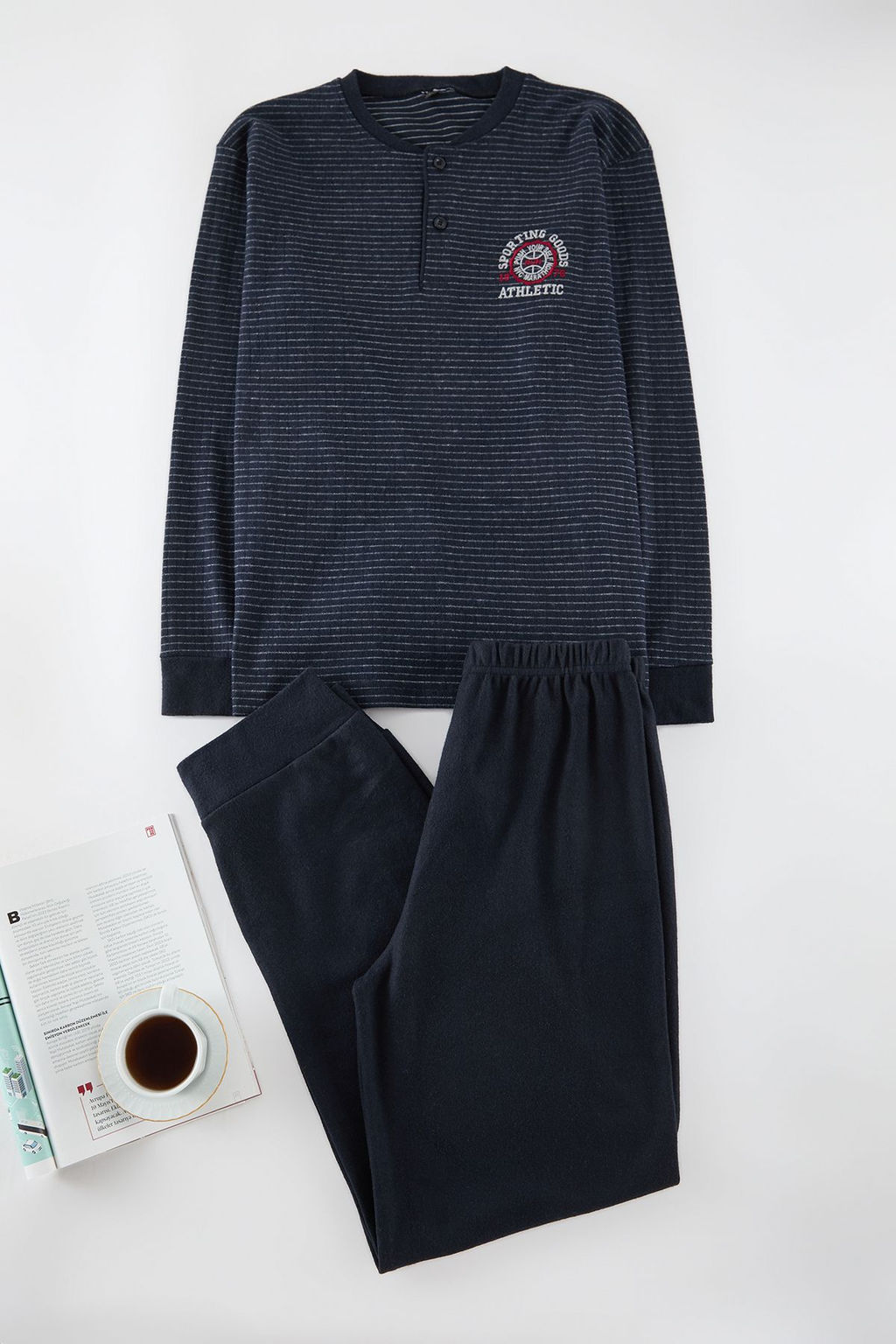 Erkek Lacivert Cizgili Orme Erkek Pijama Tak?m TEDAW25PT00001