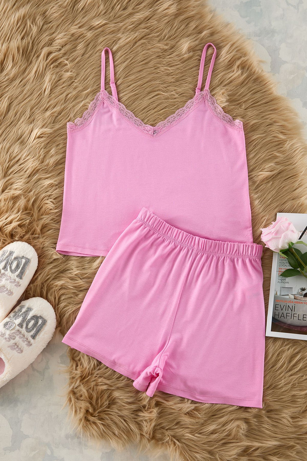 Trendyolmilla Siyah Dantelli Ip Ask?l? Viskon Sortlu Orme Pijama Tak?m? THMSS24PT00007  фото 9