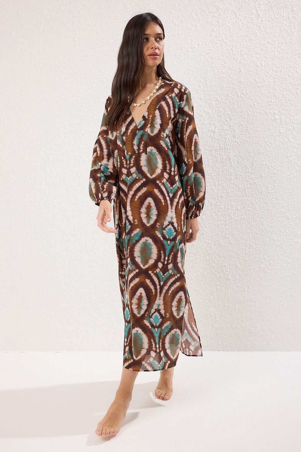 Batik Desenli Dokuma %100 Pamuk Maxi Plaj Elbise TBESS25EL00019