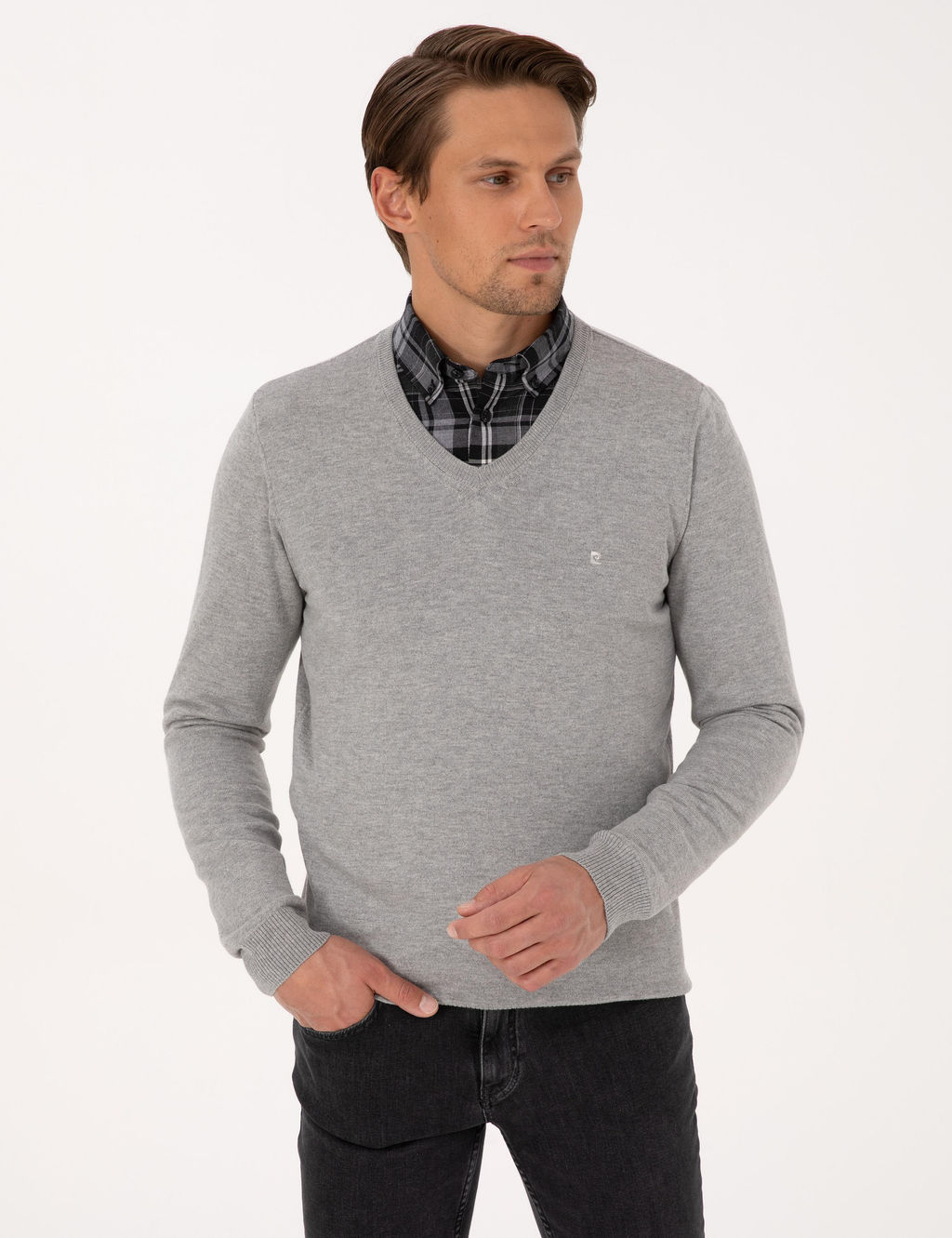 A__k Gri Melanj Slim Fit V Yaka Basic Triko Kazak - Pierre cardin фото 3