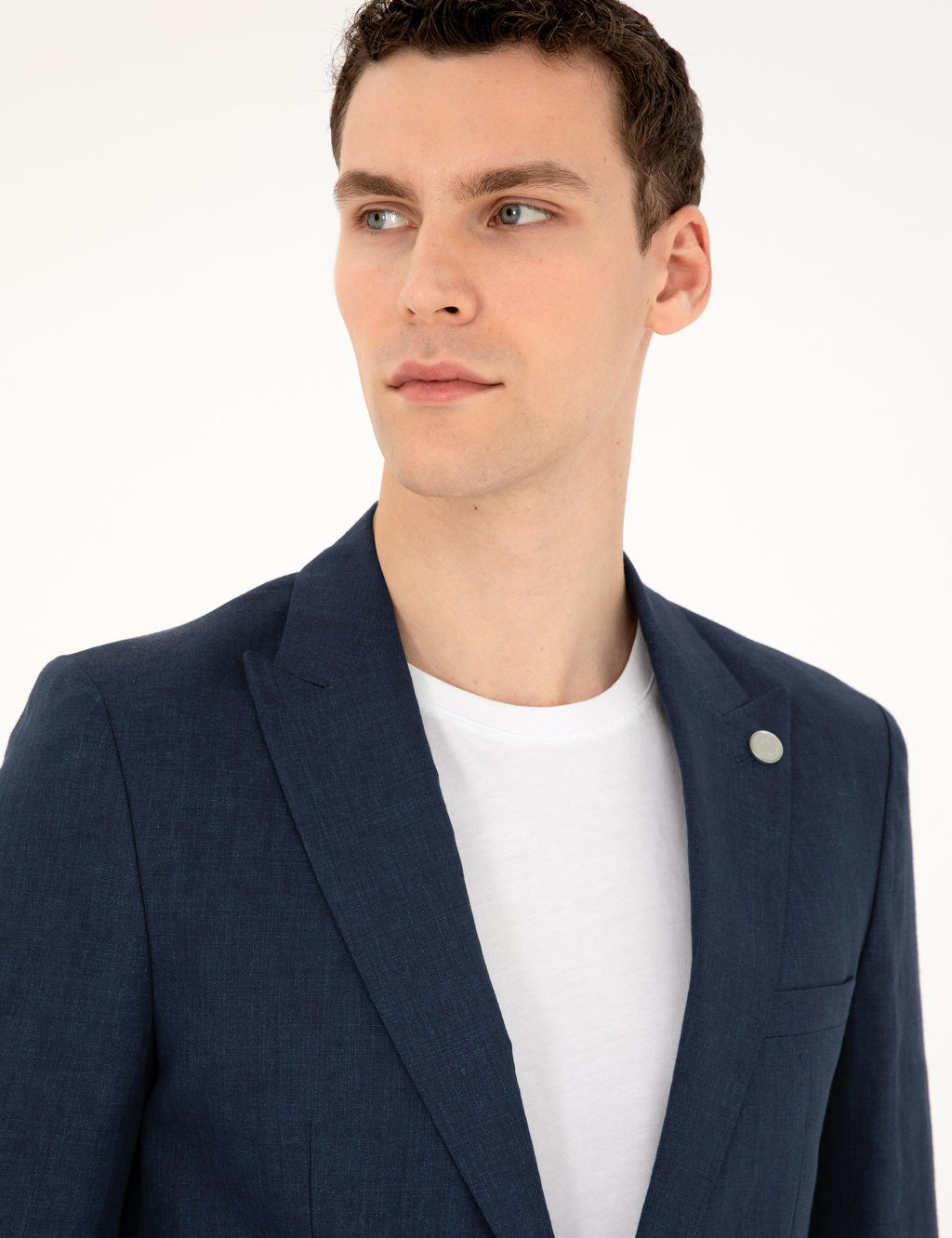 Lacivert Ex. Slim Fit %100 Keten Tak_m Elbise