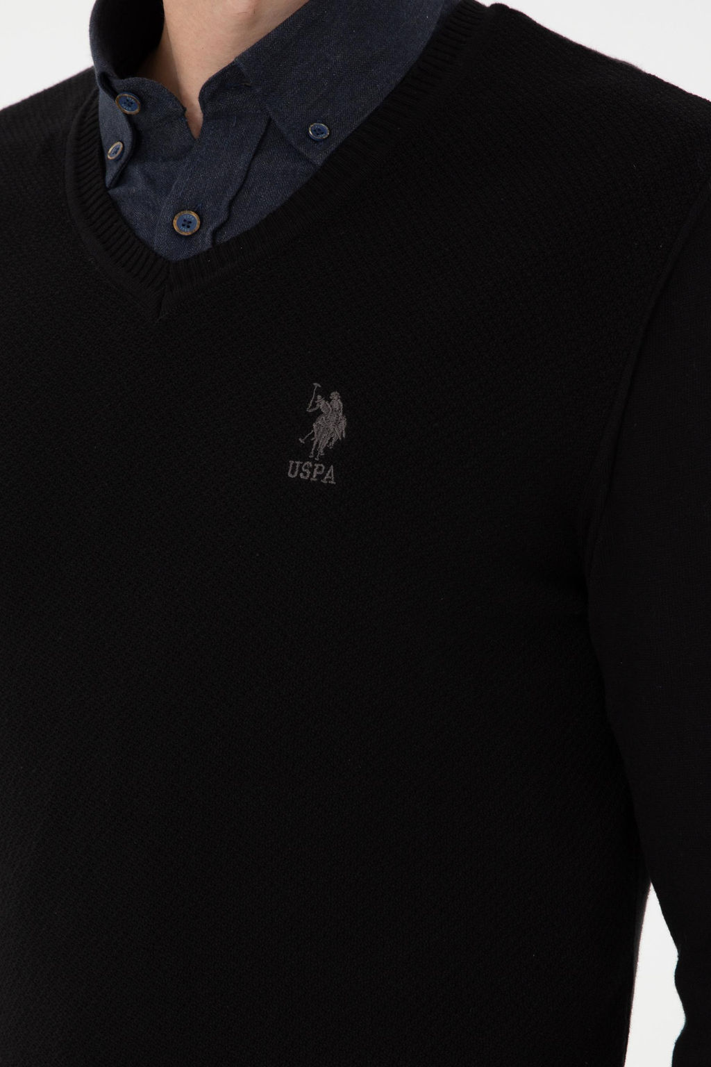 Erkek Slim Fit V Yaka Siyah Basic Kazak