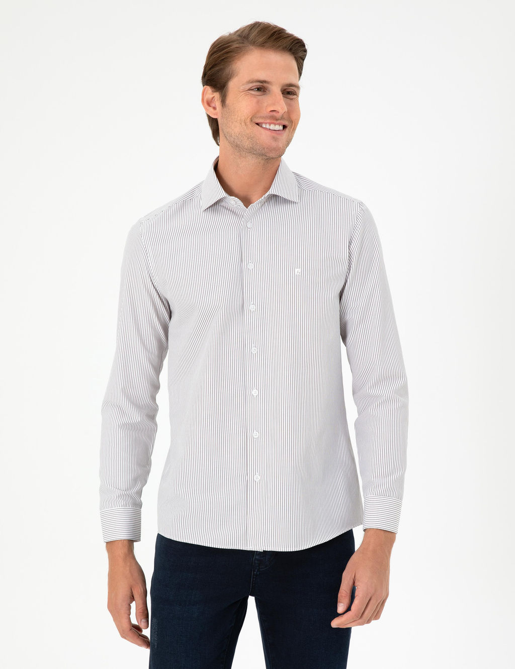 Kahverengi _izgili Slim Fit Uzun Kollu G_mlek