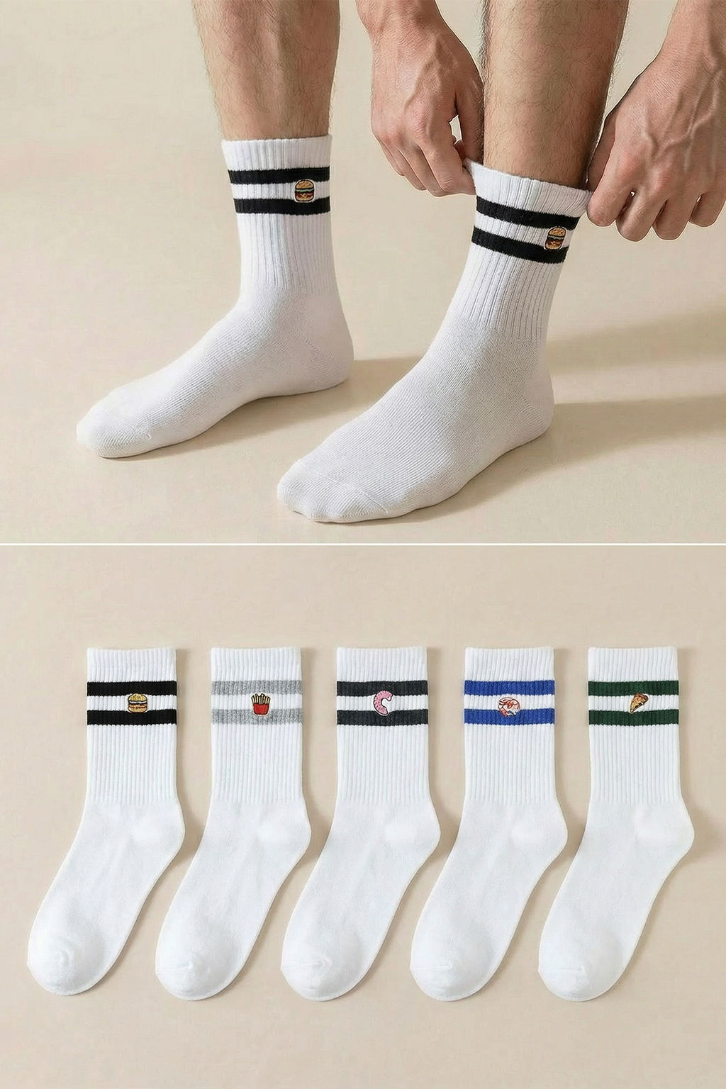 TRENDYOL MAN Beyaz Unisex 5li Nak?sl? Pamuklu Cizgili Kolej-Tenis-Orta Boy Corap TMNAW25CO00022 - Trendyolmilla фото 5