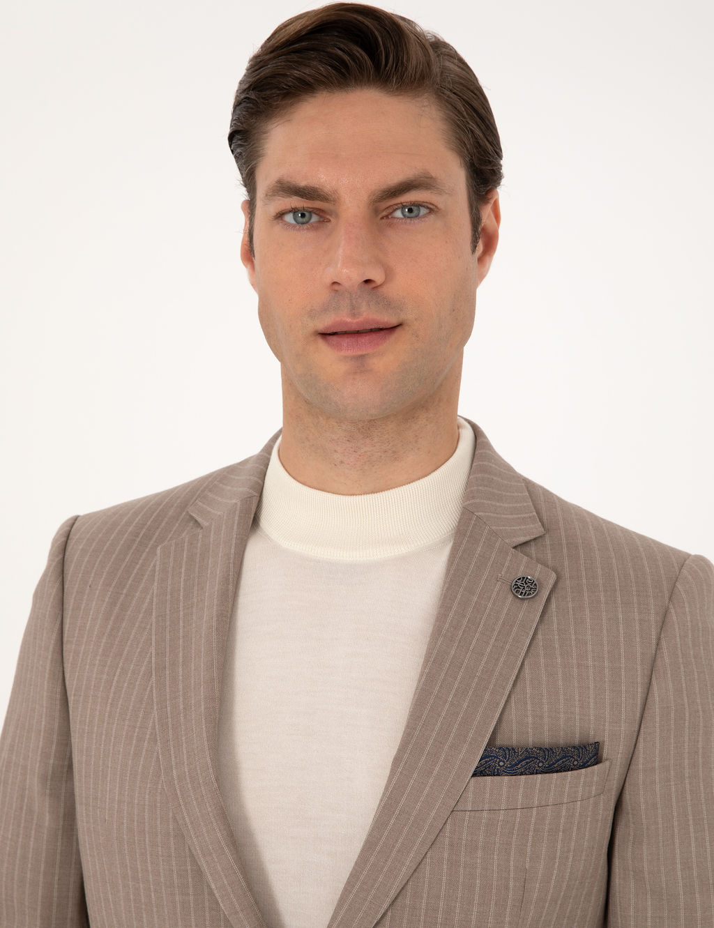 Bej Extra Slim Fit Y_n Kar___ml_ _izgili Tak_m Elbise