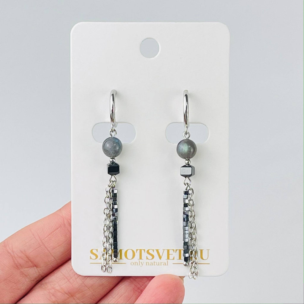 Серьги длинные из Лабрадора и Гематита