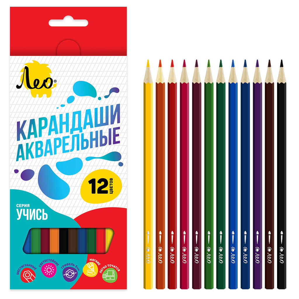 Лео Учись LNSWP-12 Набор акварельных карандашей заточенный 8 х 12 цв - Vista-artista фото 5