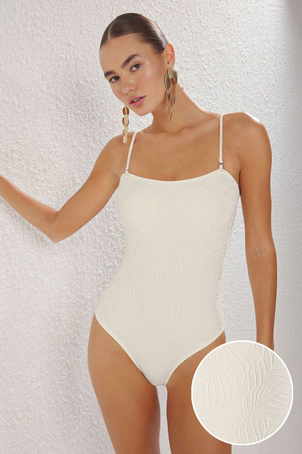 Ekru Straplez Dokulu Yaprak Desenli Regular Premium Kumasl? Mayo TBESS25MA00054