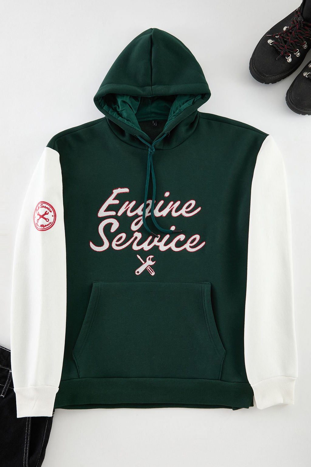 Zumrut Yesili Oversize/Genis Kesim Nak?sl? Renk Bloklu Kapusonlu Ici Polar Sweatshirt TMNAW25SW00044