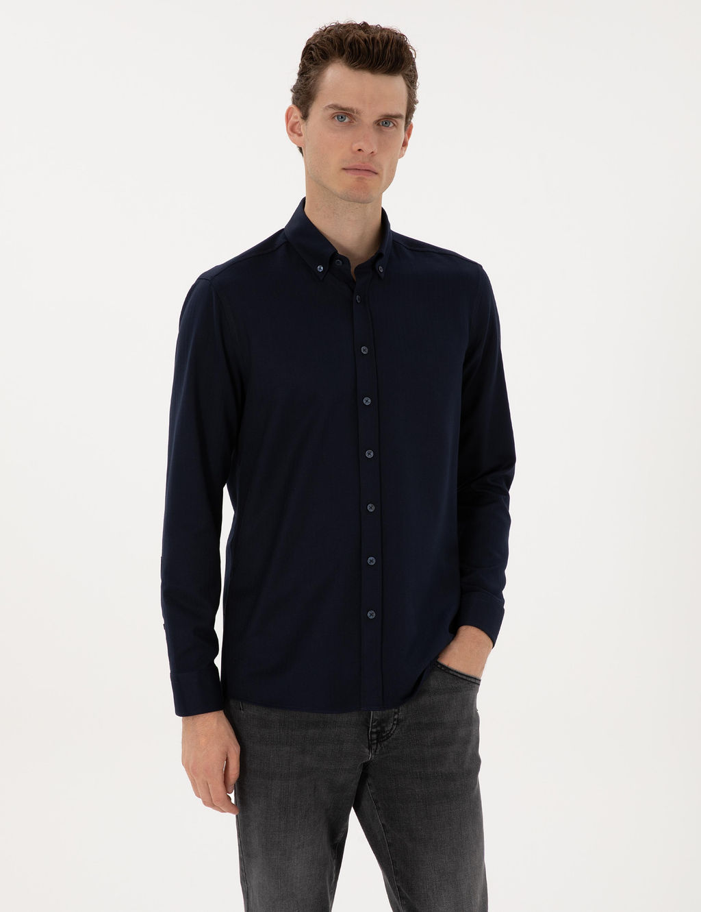 Lacivert Mikro Desenli Slim Fit Uzun Kollu G_mlek
